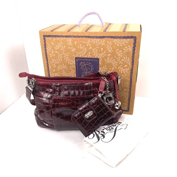 Brighton Burgundy Croc Embossed Patent Shoulder Bag w/ Pouch, Dust Bag & Box - Picture 1 of 15